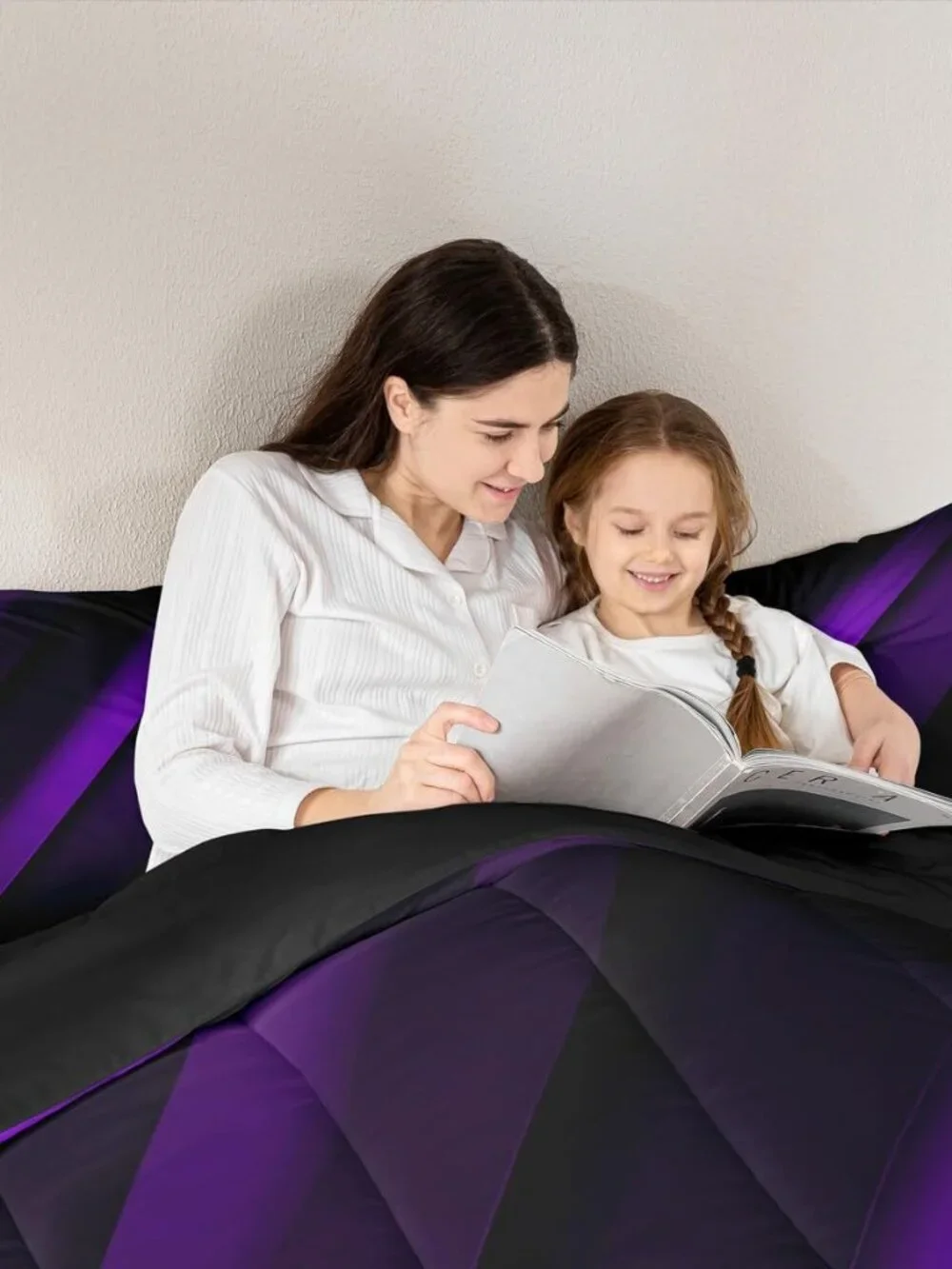 Purple Black Stripes King Size Comforter Set,Kids Neon Gradient Decor All Season